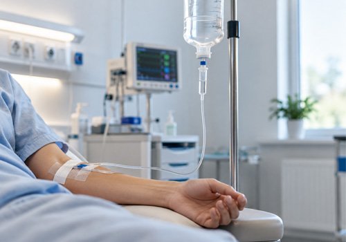Пациенту ставят капельницу в современной медицинской клинике.